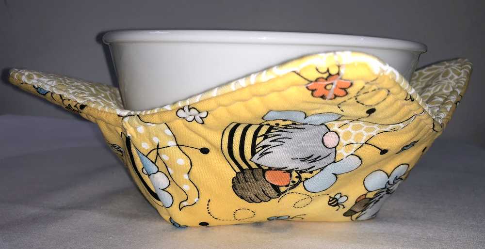 Gnome Bees Microwavable Bowl Cozy, Soup Bowl Cozy, Bowl Pot Holder, Hot Pad, Reversible - Choose Print