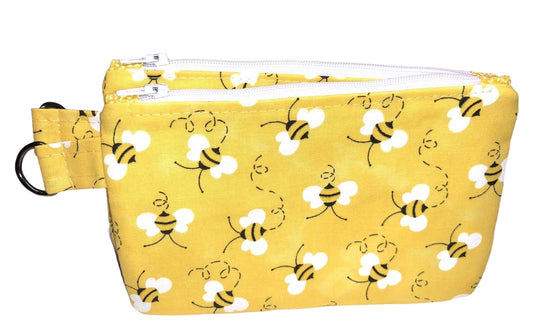 Honey Bee Coin Change Purse, White Black & Yellow Bees Zipper Key Chain 7x4.5 Coin Pouch