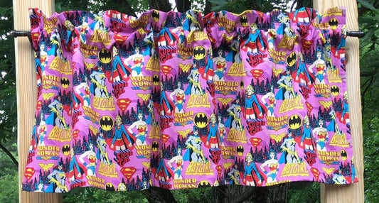 Girls Handcrafted Cotton Lined Curtain Valance Sewn From Female Super Heroes Fabric