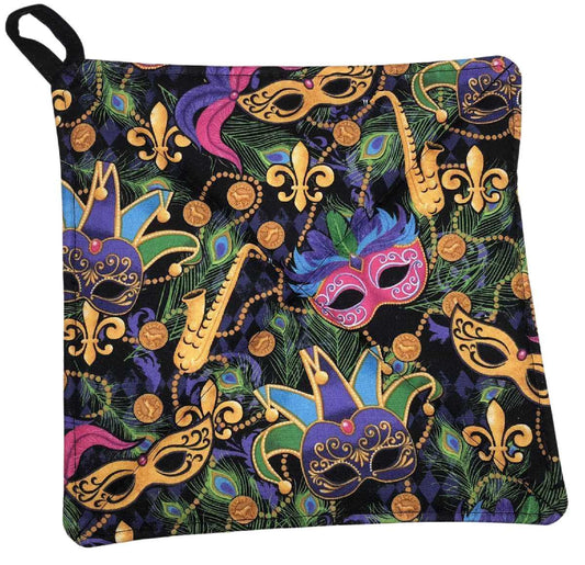 Mardi Gras Kitchen Pot Holder Masquerade Mask Beads Feathers Black Farmhouse Hot Pad Quilted Potholder
