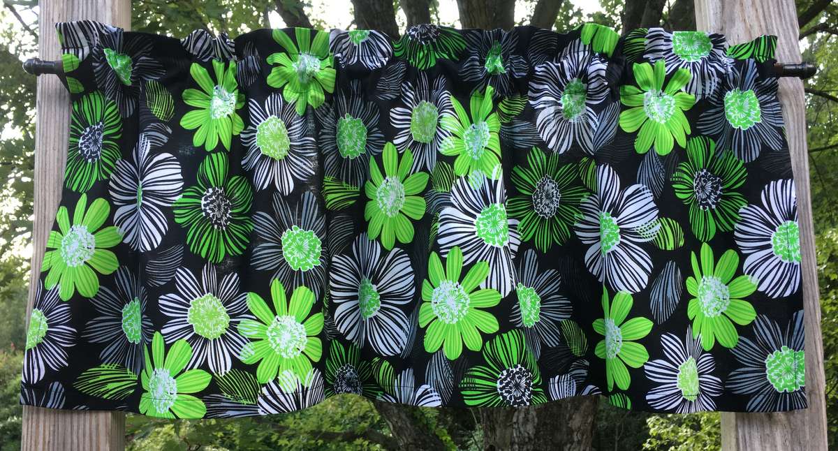 Tropical Green Gray Black Bold Floral Nature Flowers Handcrafted Curtain Valance