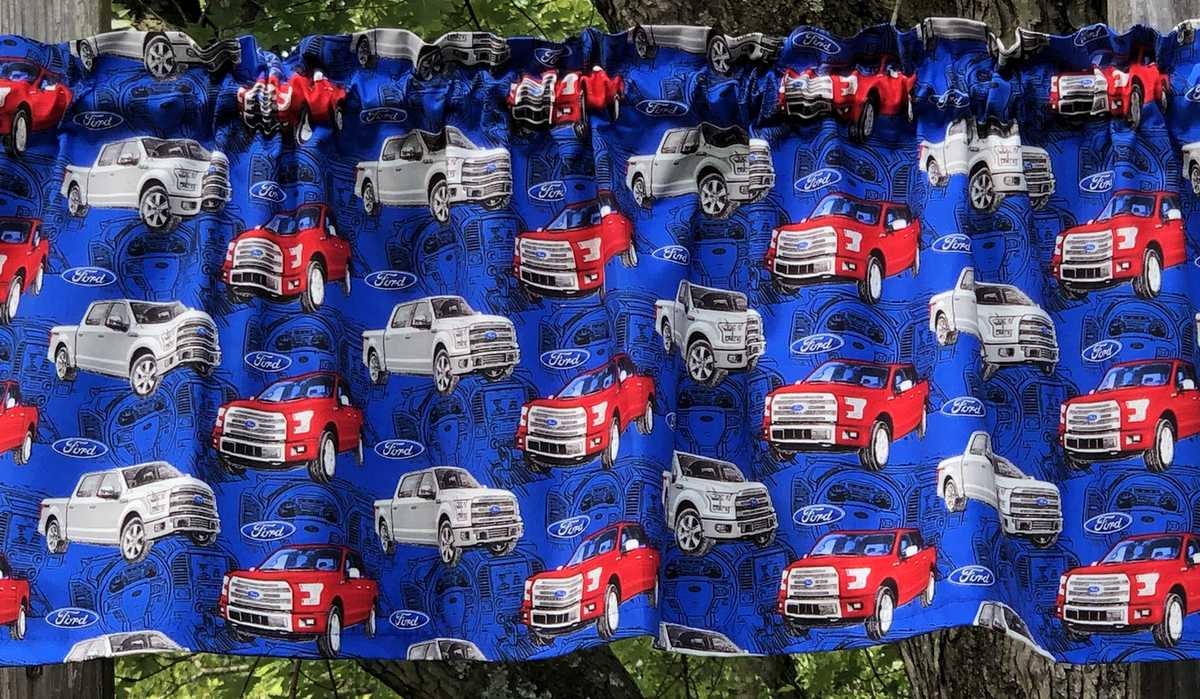 Pickup Trucks on Blue Valance Red Truck Transportation Vehicles Boys Teen Handmade Curtain Valance