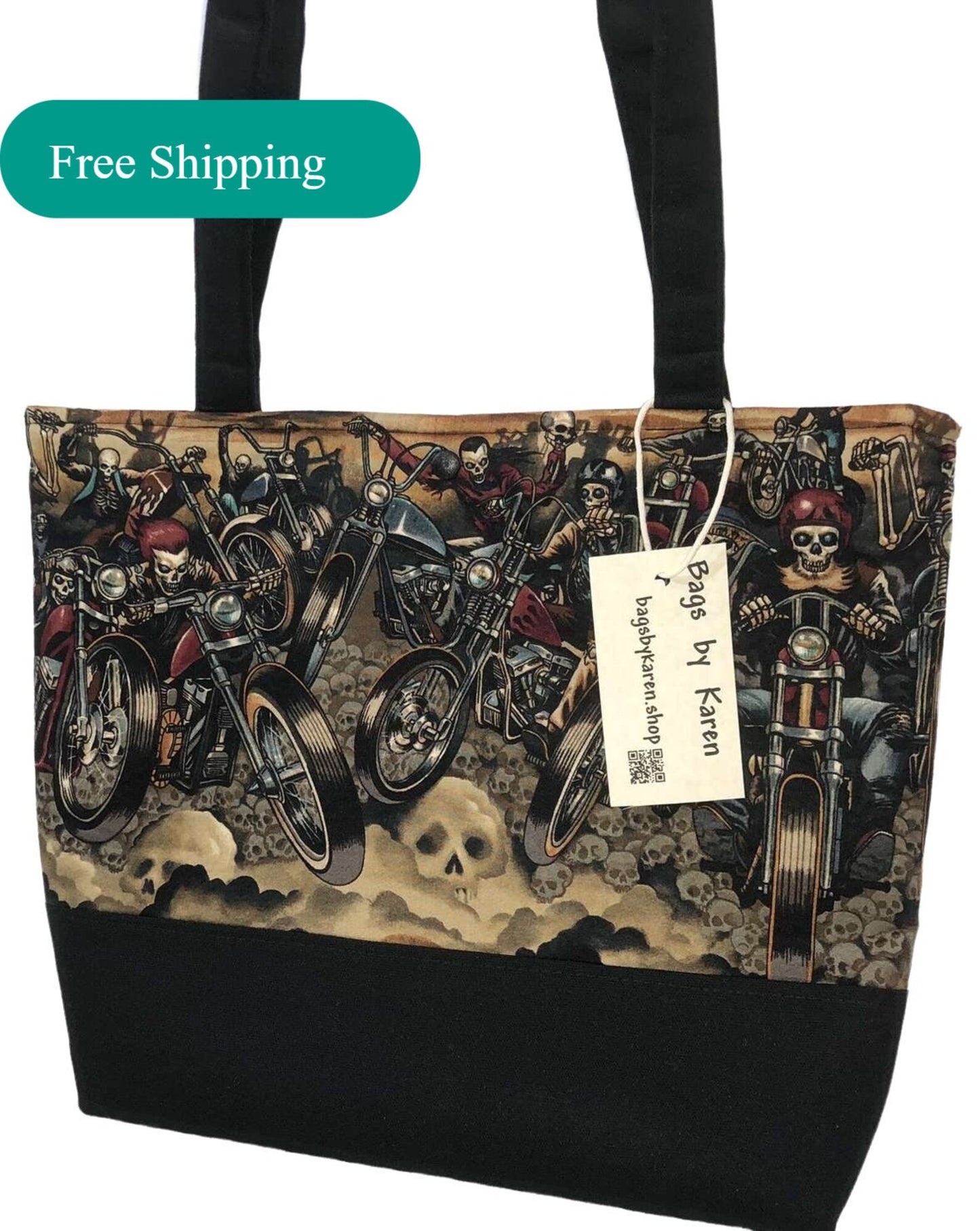 Motorcycle Rider Shoulder Bag Purse Skeleton Motorcyclist Biker Chick Halloween Handbag Tote w/ Black Wristlet Key FOB
