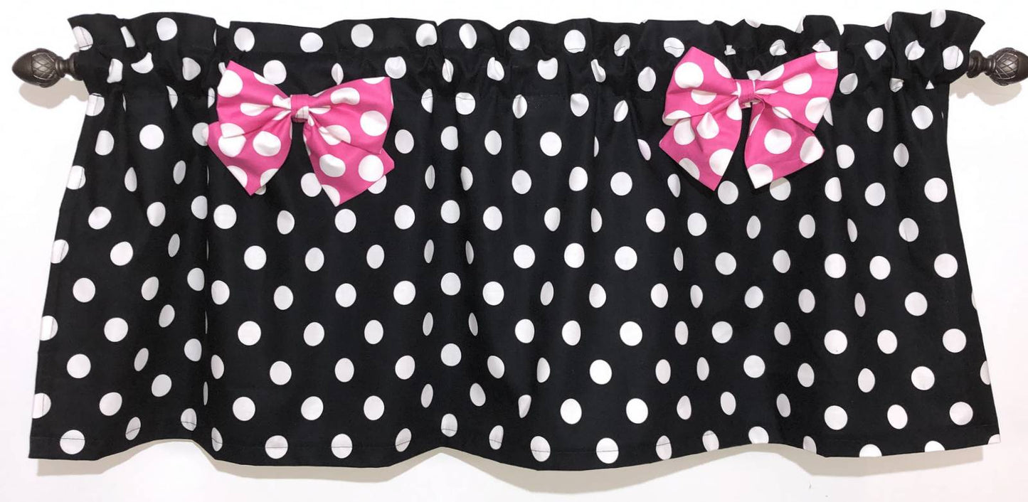 Black and White Polka Dot Valance with Your Choice of Bow Print - Baby Minnie Nursery, Bedroom Kitchen Bath Window Curtain Topper