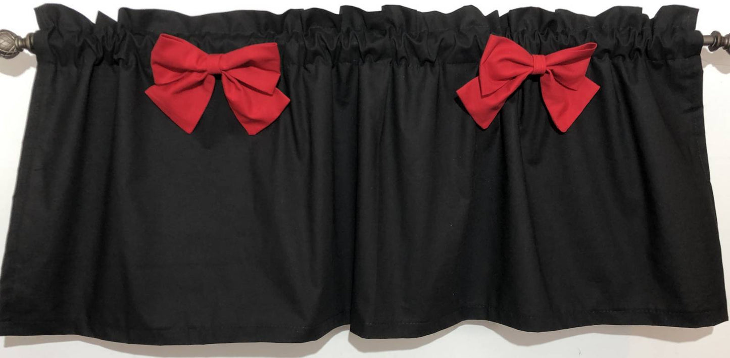Solid Black Valance with Your Choice of Bow Print - Matches Baby Minnie Nursery, Bedroom Kitchen Bath Window Curtain Topper