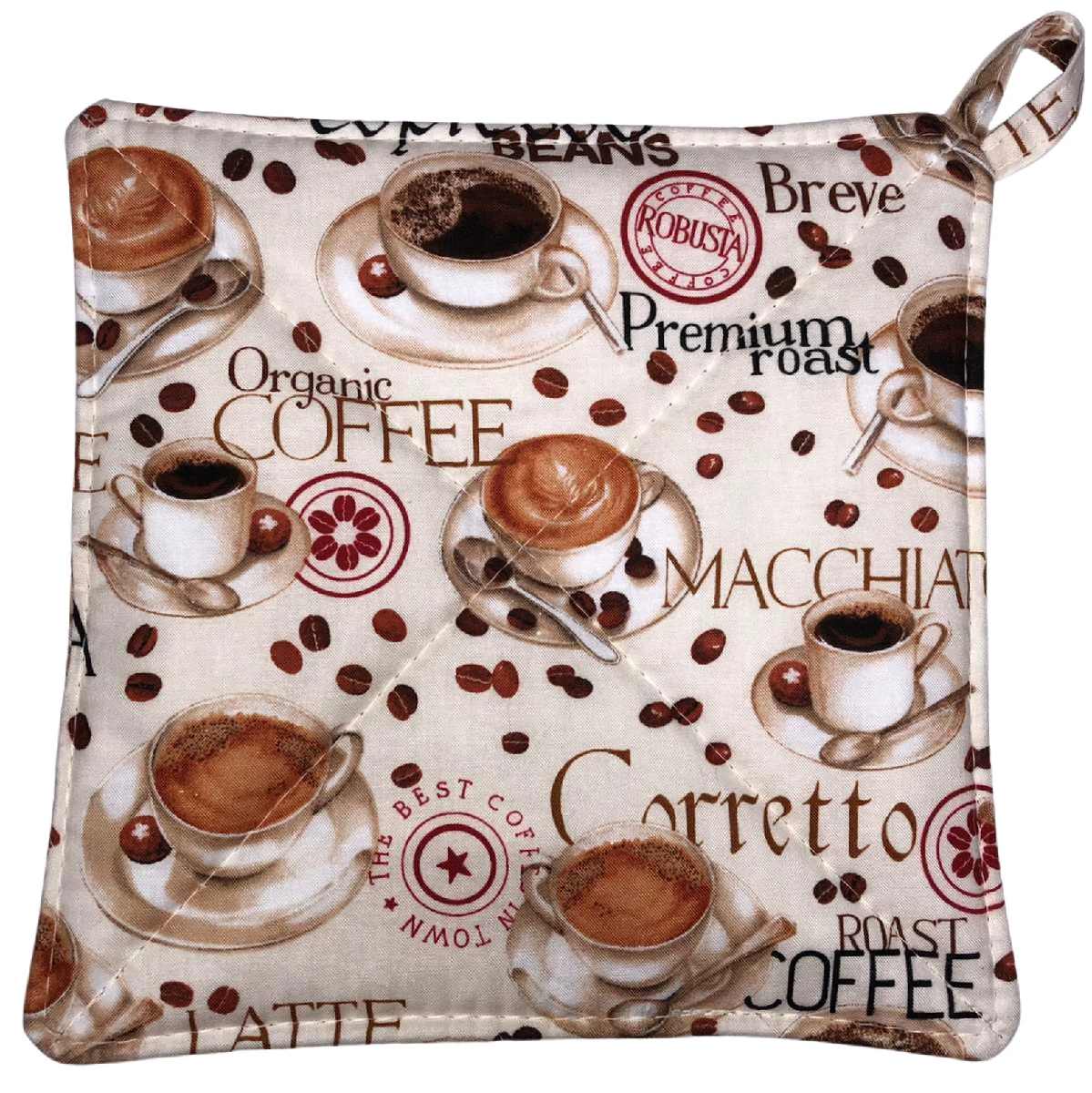 Coffee Kitchen Pot Holder, Espresso Arabica Roast Coffee Cups of Hot Brew Farmhouse Hot Pad Quilted Potholder