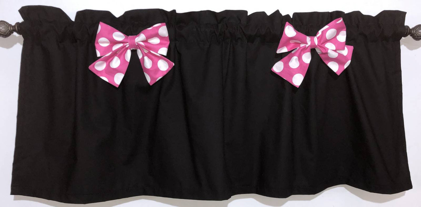Solid Black Valance with Your Choice of Bow Print - Matches Baby Minnie Nursery, Bedroom Kitchen Bath Window Curtain Topper