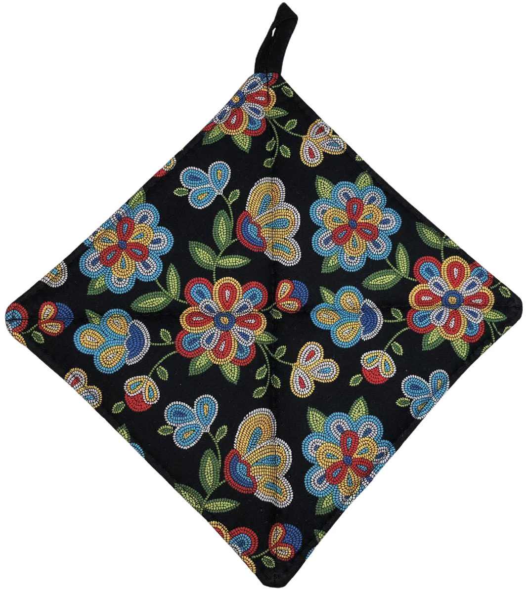 Beaded Look Floral Black Kitchen Pot Holder Red Green Blue Yellow Tribal Flowers Farmhouse Hot Pad Quilted Potholder