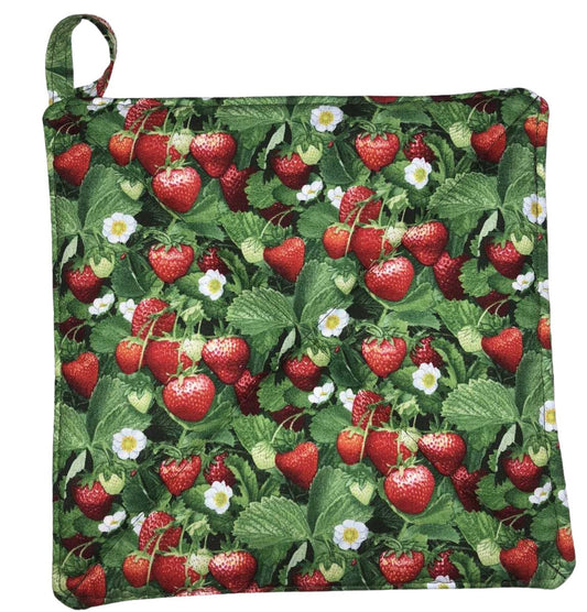Strawberry Kitchen Pot Holder, Sweet Berry Farmhouse Thick Hot Pad, Red White Green Berries Pot Holder, Quilted Potholder