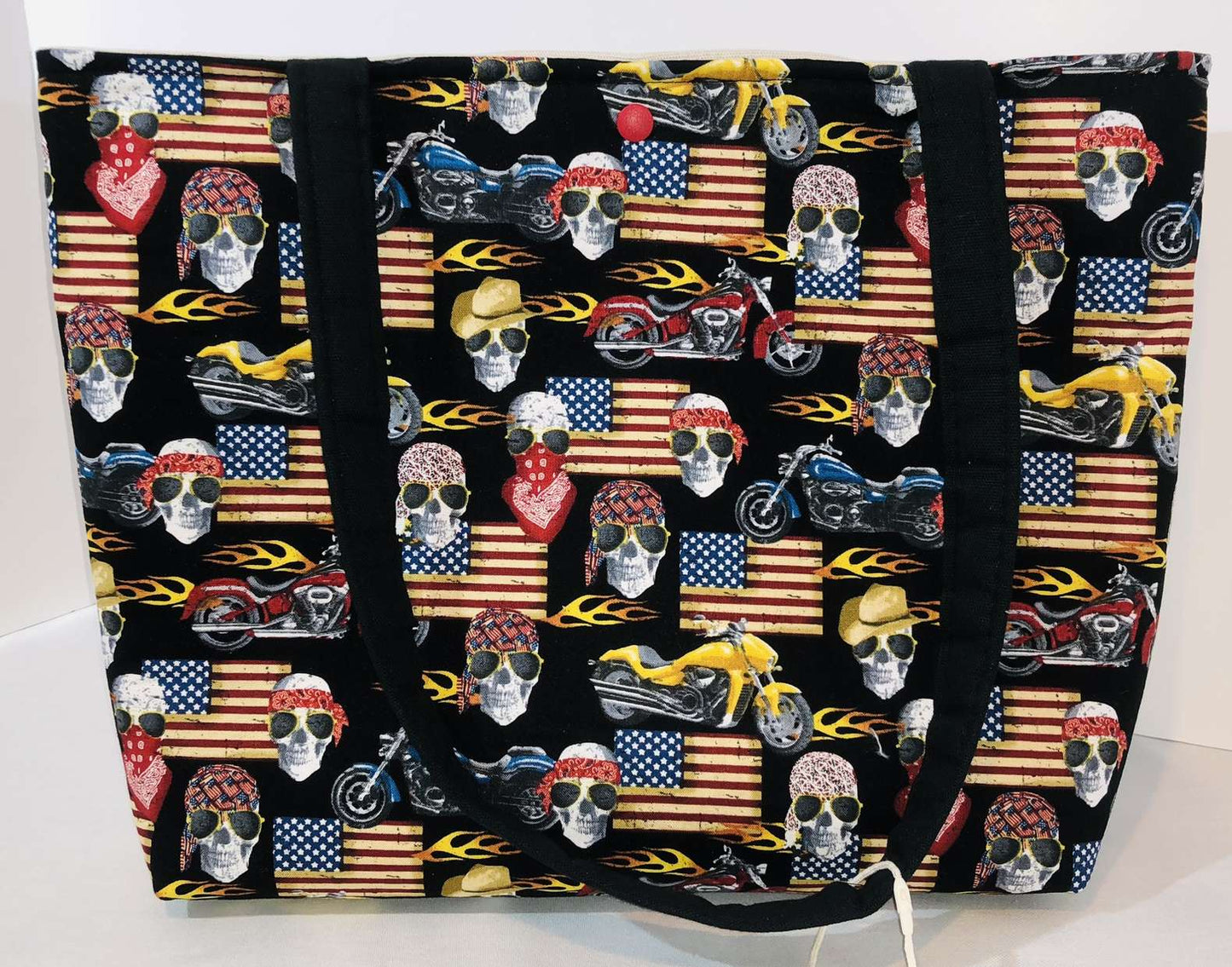 Motorcycle Skulls USA Flag Black Shoulder Bag Gothic Biker Chic Halloween Purse Handbag Tote + Wristlet Key Fob