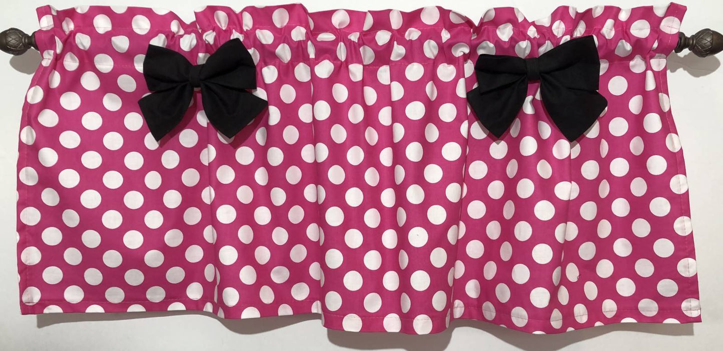 Pink & White Polka Dot Valance with Your Choice of Bow Print Baby Minnie Mickey Nursery Kitchen Window Curtain Topper