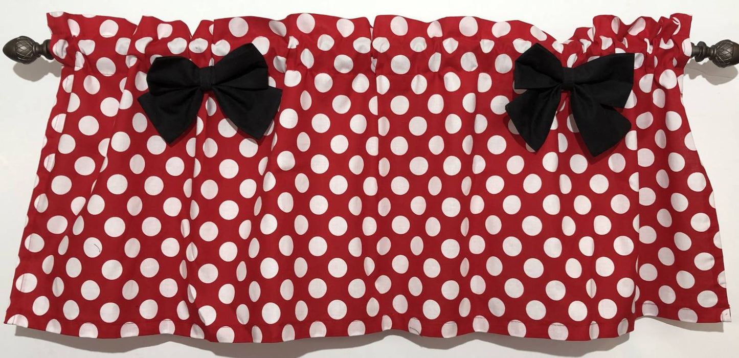 Red and White Polka Dot Valance with Your Choice of Bow Print - Baby Minnie Nursery, Bedroom Kitchen Bath Window Curtain Topper