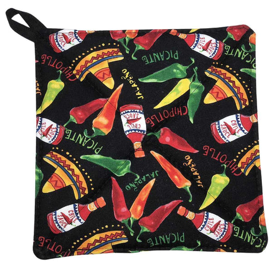 Southwestern Peppers Kitchen Pot Holder Mexican Chili Peppers Sauce Food Black Farmhouse Hot Pad Quilted Potholder