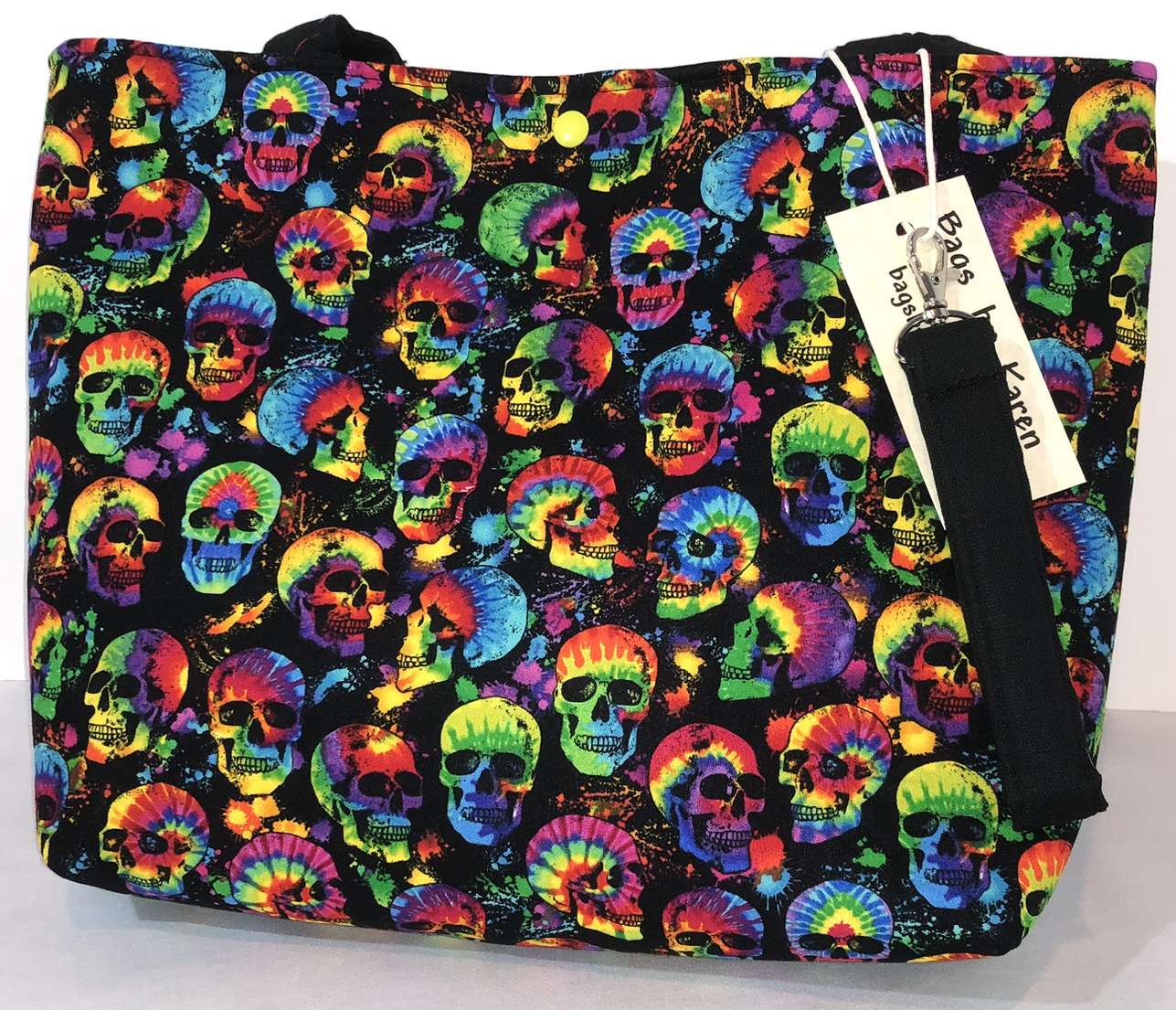 Rainbow Skulls Black Shoulder Bag Spooky Gothic Halloween Tye Dye Purse Handbag Tote + Wristlet Key FOB