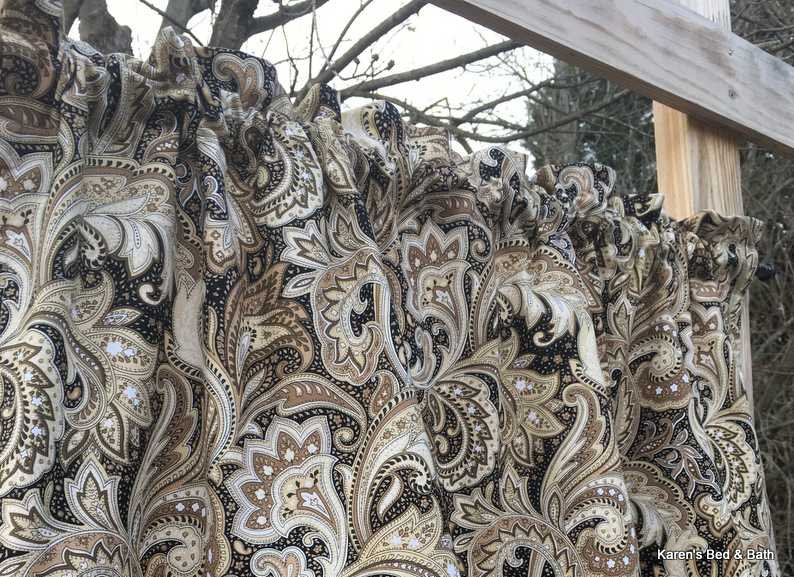 Brown Black Paisley Farmhouse Kitchen Curtains Drapes w/ Tiebacks 82" Wide x 24, 36, 45, 54,63, 72 or 84 Inch