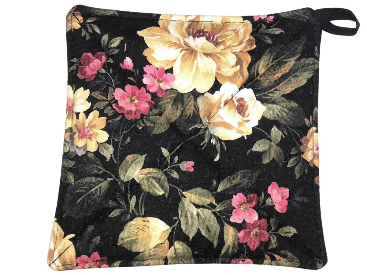 Rose Peony Floral Black Kitchen Pot Holder Shabby Chic Cottage Roses Flowers Farmhouse Hot Pad Quilted Potholder