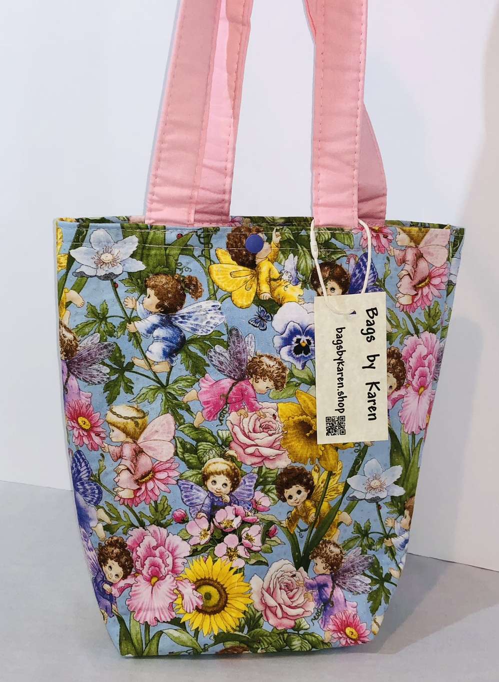 Floral Cherubs Blue & Pink Handbag Purse Tote Bag