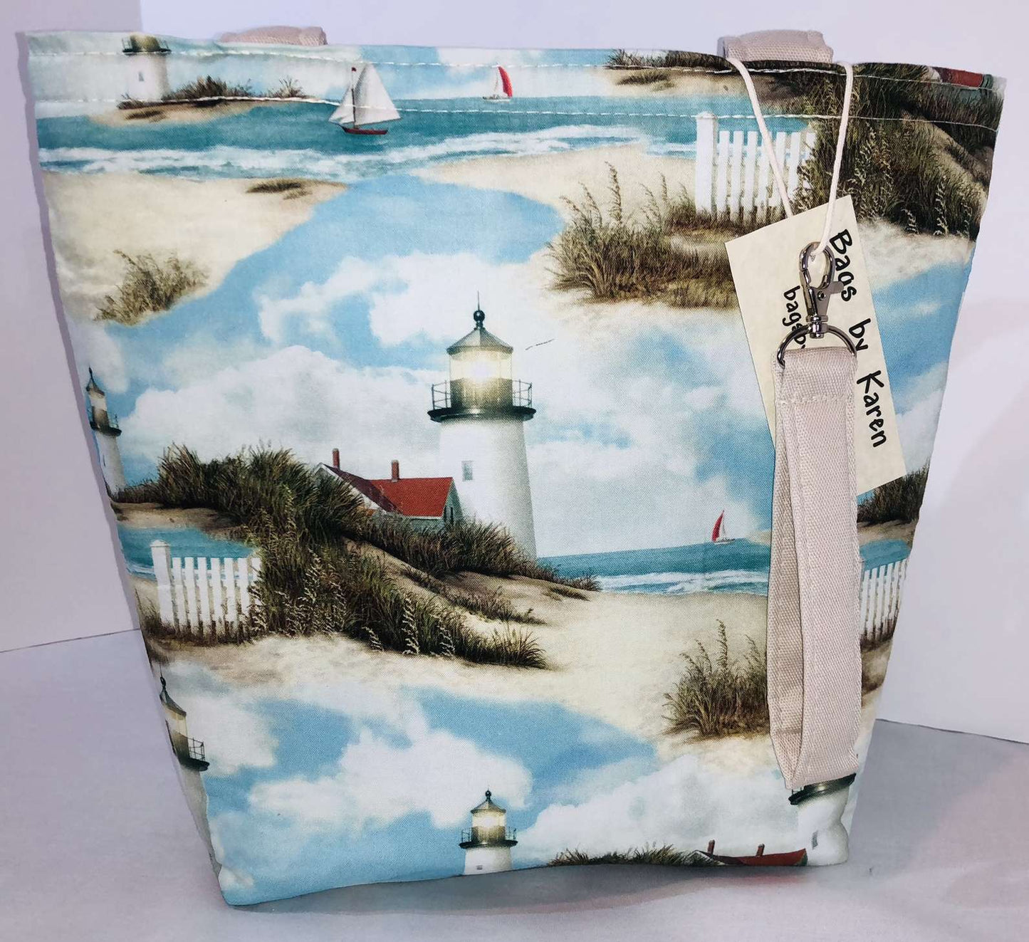 Scenic Lighthouse Sailboat Beach Scenes Handbag Purse Tote Bag + Wristlet Key Fob