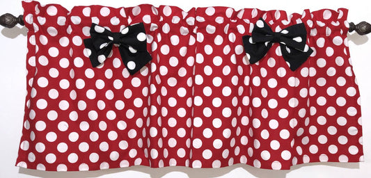 Red and White Polka Dot Valance with Your Choice of Bow Print - Baby Minnie Nursery, Bedroom Kitchen Bath Window Curtain Topper