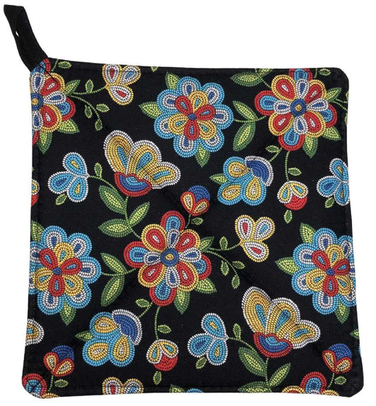 Beaded Look Floral Black Kitchen Pot Holder Red Green Blue Yellow Tribal Flowers Farmhouse Hot Pad Quilted Potholder