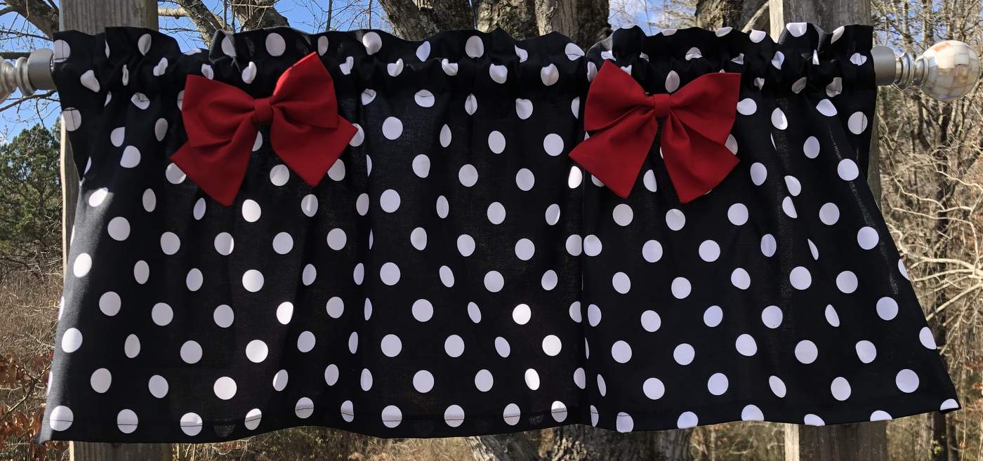 Black and White Polka Dot Valance with Your Choice of Bow Print - Baby Minnie Nursery, Bedroom Kitchen Bath Window Curtain Topper