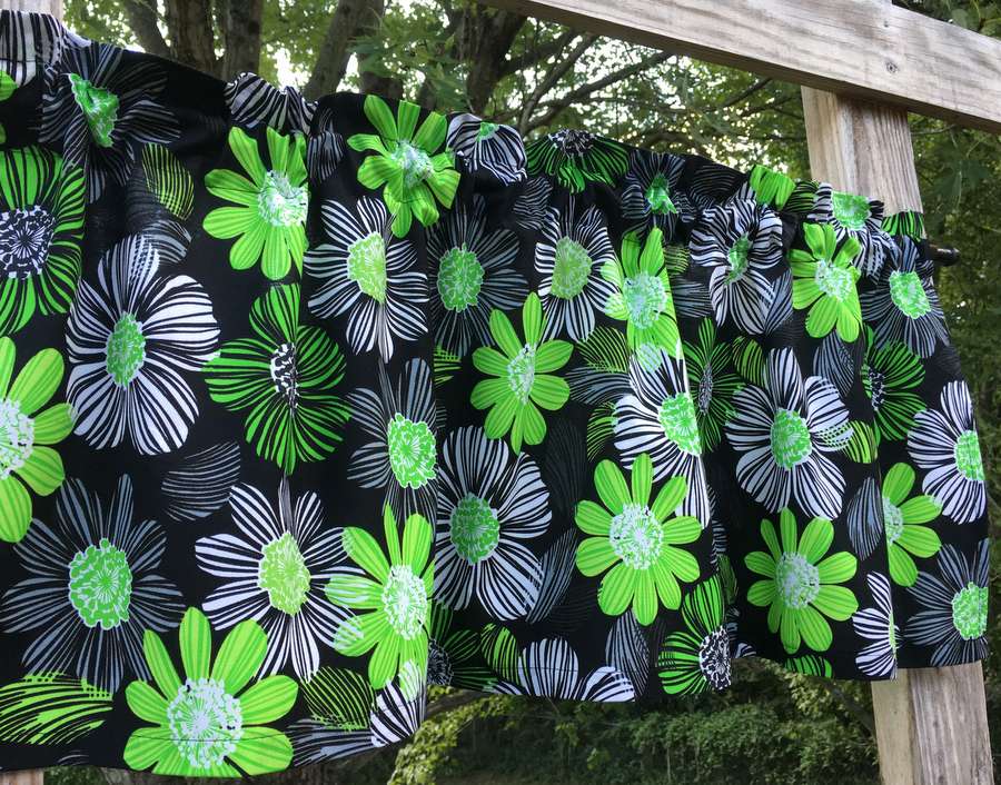Tropical Green Gray Black Bold Floral Nature Flowers Handcrafted Curtain Valance
