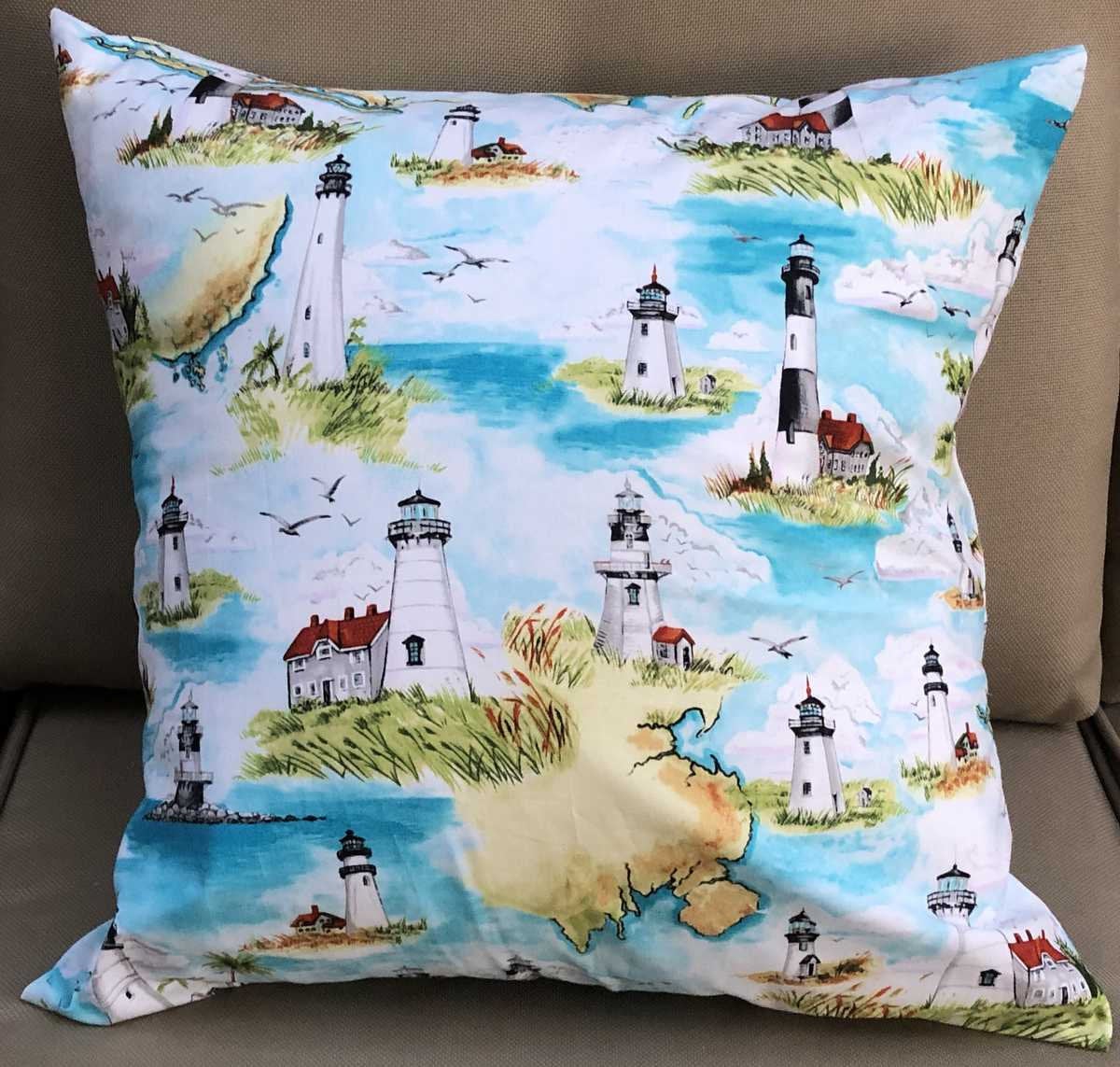 Lighthouse Nautical Pillow Cover Lighthouses By the Sea Sofa Accent Pillow Sham Tropical Nautical Coastal Map Handcrafted Pillow Cover