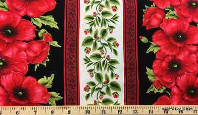 Red Poppy Striped Poppies Floral Flowers Cream Stripes Cotton Fabric t2/20