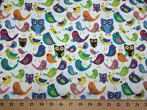 Small Orange Blue Green Yellow Pink Birds and Owls on White Handcrafted Curtain Valance