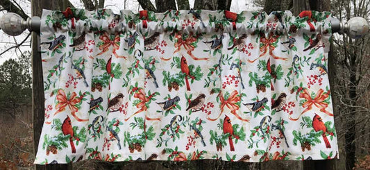Christmas Birds Cardinals Red Bows Holly Berries Pine Branches Handcrafted Custom Sewn Curtain Valance
