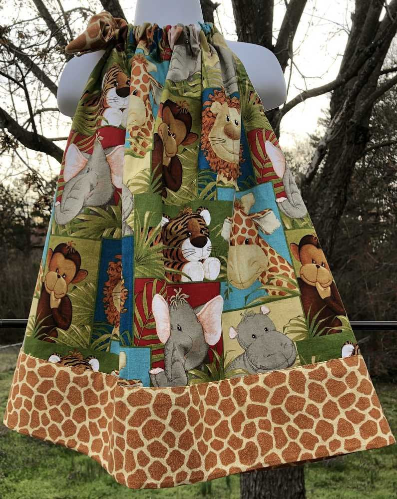 Safari Jungle Zoo Dress Wildlife Monkey Giraffe Lion Elephant Tiger Animals Handcrafted Sundress Sizes 12 Month, 2T 3T 4T 5 6 7 8 10 12 14