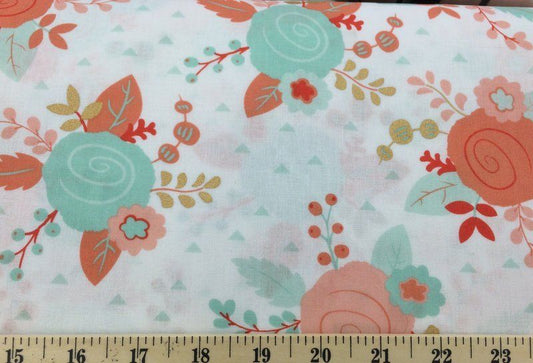Mint Peach Gold White Piper Floral Fabric By the Yard / Half Cotton Fabric a5/4