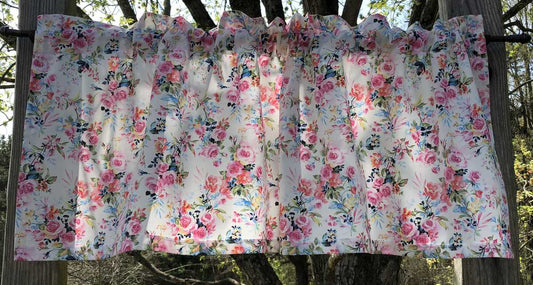 Floral Pink Rose Blue Yellow Green Flowers on White Bouquet Handcrafted Valance
