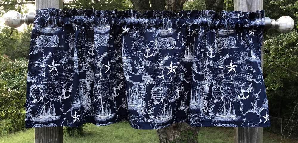Nautical Map Beach Ship Voyage Anchor Antique White on Navy Blue Sailboat Handcrafted Valance t9/4