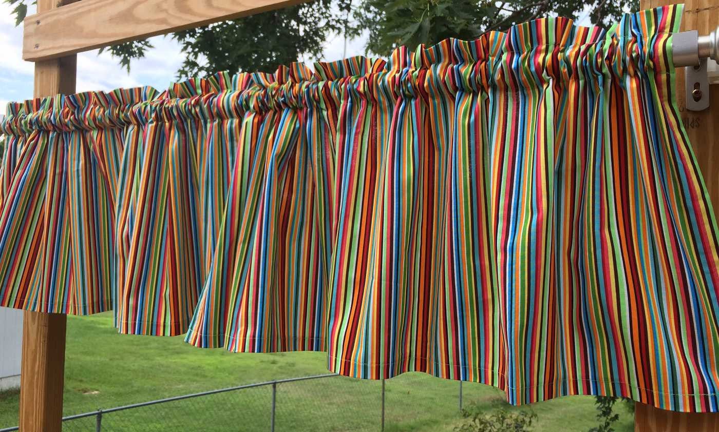 Rainbow Stripe Orange Green Blue Red Brown Striped Handcrafted Custom Sewn Curtain Valance t5/32