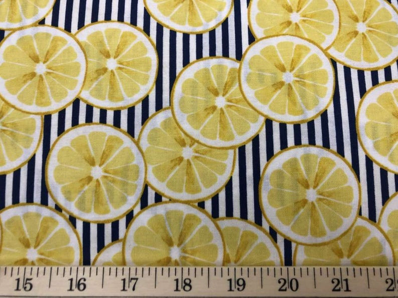 Lemon Slices Navy Stripe Valance Lemons Citrus Fruit Valance Spring Fresh Striped Kitchen Curtain Valance a3/39