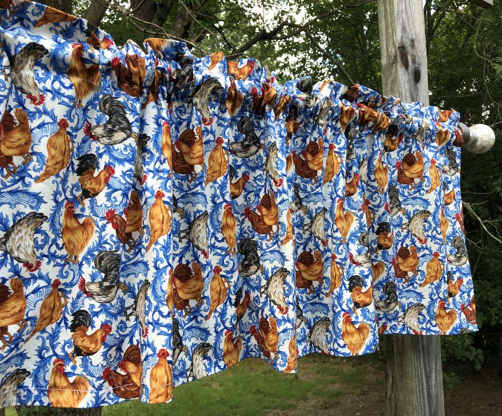 Rooster Valance Country Chicken Valance Farmer Hen Toss Farm House Blue White Curtain Valance