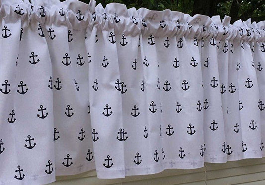 Navy Blue Boat Ship Anchors on White Handcrafted Beach Lake Theme Valance a5/33