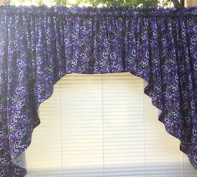 Purple Lilac Green Floral Field Flowers 3pc Kitchen Curtain Swag Valance + Swags