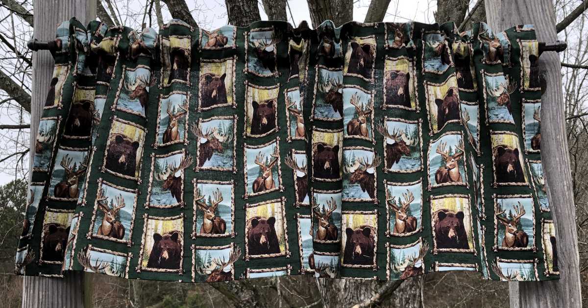 Woodland Wildlife Valance Bear Deer Valance Forest Animals Trees Moose Pier Patch Photo Frame Cabin Lodge Green Curtain Valance
