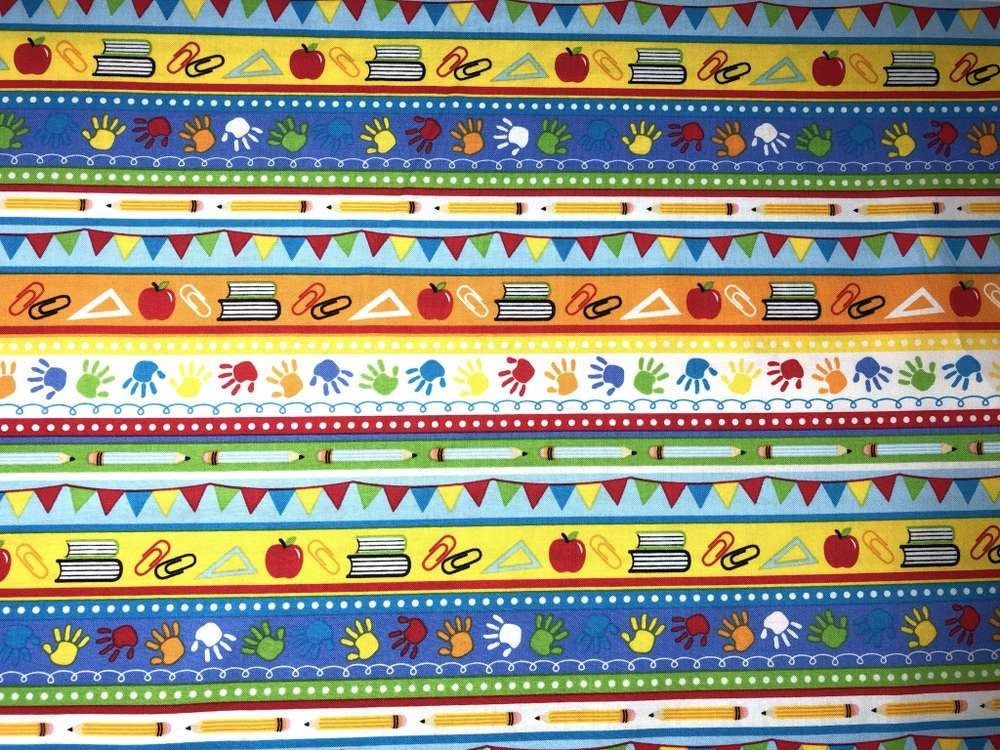 School Classroom Fabric Education Homeschool Teacher Handprints Stripe Apparel Quilting Cotton Fabric