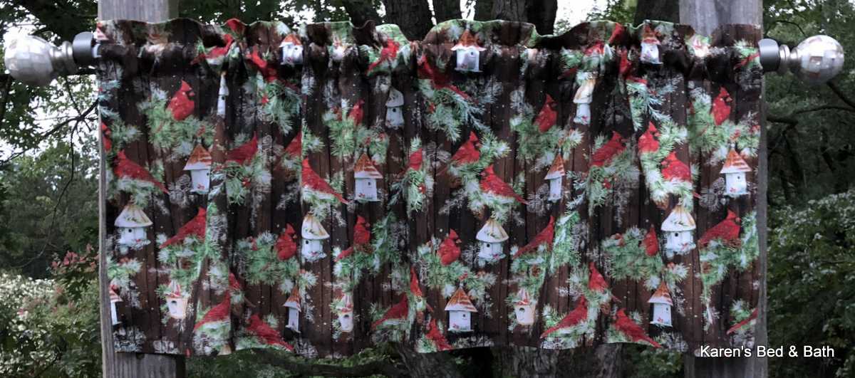 Cardinals on Pine Branches Valance Cardinal Birdhouse Holly Berries Brown Wood Panel Holiday Rustic Christmas Xmas Window Curtain Valance
