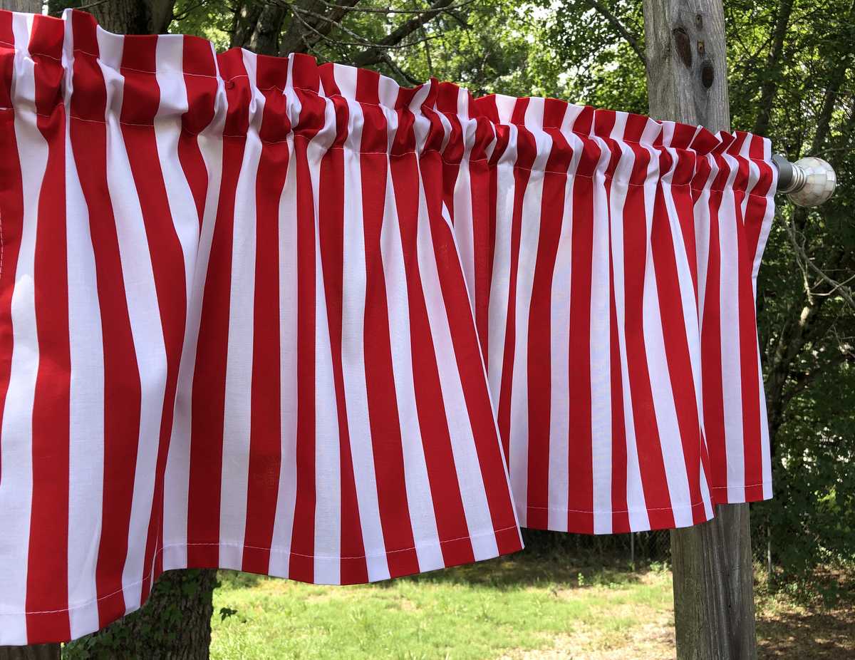 Red & White Stripes 7/8 Inch Awning Striped Kitchen Handcrafted Valance