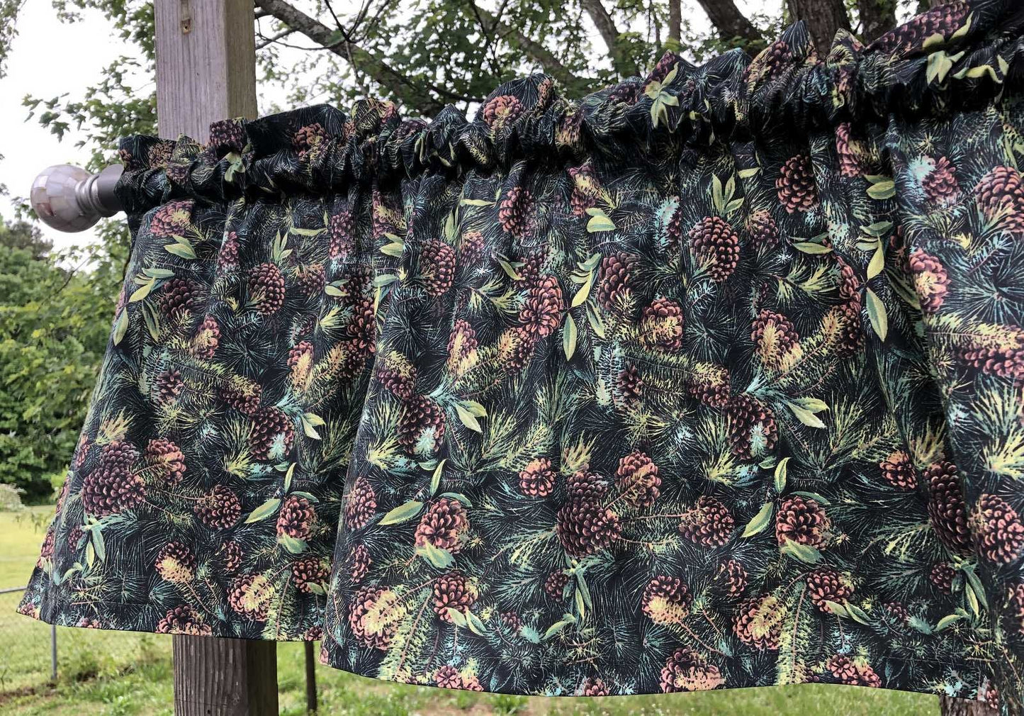 Pine Tree Cone Rustic Cabin Lodge Pinecones Farmhouse RV Camper Kitchen Window Curtain Valance Panel Choose Finished Length