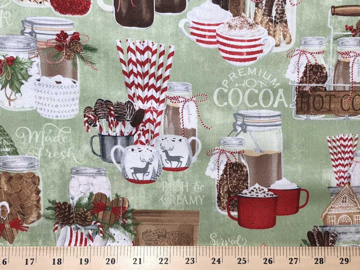 Hot Cocoa Fabric Hot Cocoa Bar Green Fabric Christmas Cocoa Hot Beverage Fabric Cup of Cocoa Kitchen Cotton Fabric
