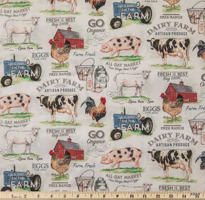 Milk Dairy Farm Fresh Fabric Tractor Cow Pig Rooster Chicken Rooster Fabric Market Meat Eggs Barnyard Roosters Farmhouse Cotton Fabric