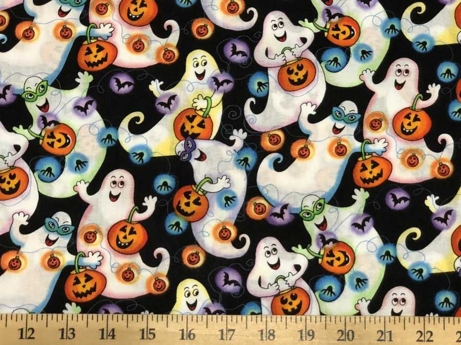 Halloween Ghost Fabric Trick or Treat Happy Ghosts Spooky Halloween Night Fun Ghost Fabric Black Cotton Apparel Quilting Fabric By Yard HY