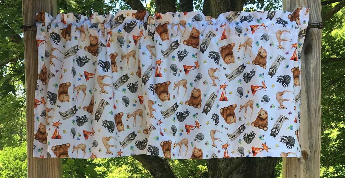 Forest Wildlife Animals Bear Deer Wolf Porcupine Raccoon Fox Nature Animal Baby Nursery White Cotton Fabric By the Yard HY