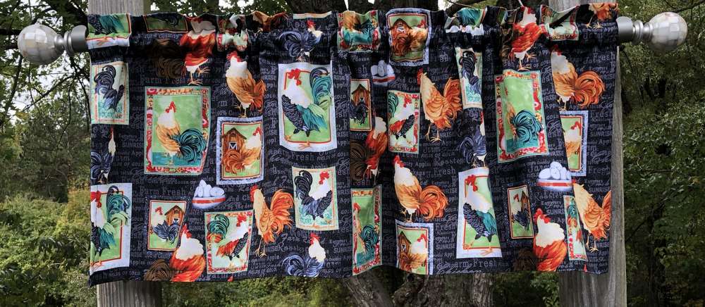 Rooster Valance Farm Chicken Eggs Valance Barnyard Animal Fowl Country Farmhouse Black Handcrafted Cotton Curtain Valance