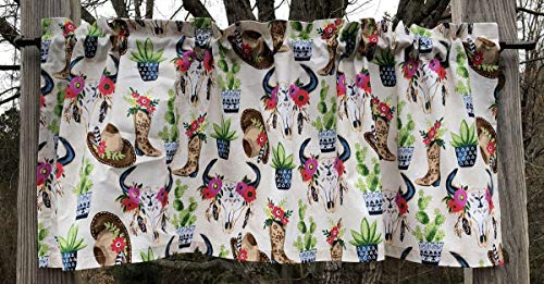 Western Cowgirl BOHO Chic Southwestern Cowboy Boots Skulls Feathers Cactus Potted Plants Hat Floral Handcrafted Cotton Valance